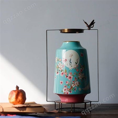 景德镇陶瓷新中式创意客厅玄关铁艺陶瓷花瓶装饰工艺品插花摆件