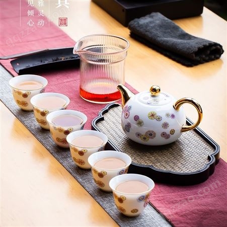 景德镇陶瓷茶具  8头描金皮球花泡茶器 陶瓷茶具生产厂家