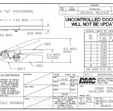 美国DMC-USA CAGE 11851 压接工具 MH820 压接钳